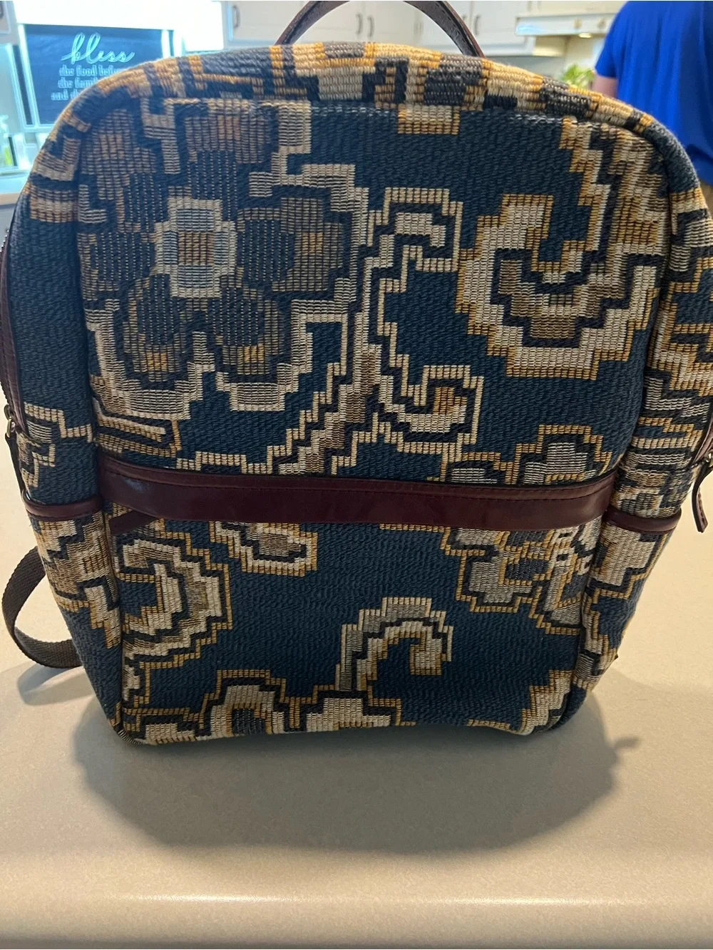 Patricia Nash Navy, Tan & Cream Geometric Woven Backpack